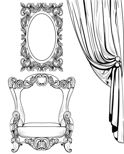 Exquisite Imperial Baroque armchair and mirror frame in luxurious ornament. Vector French Luxury rich intricate structure. Victorian Royal Style decor — Stock Vector