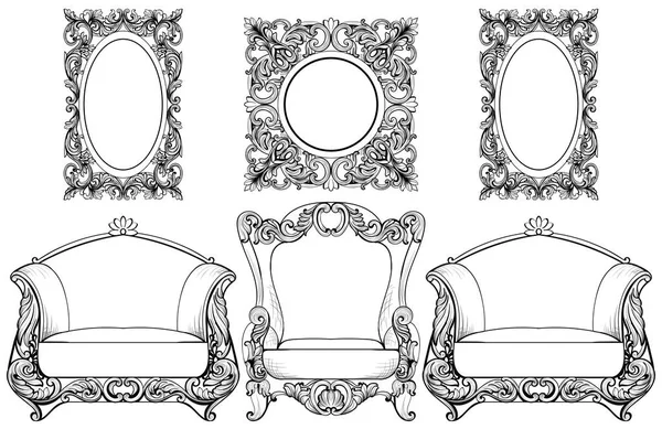 Rico conjunto de muebles y marcos rococó barroco imperial. Adornos tallados de lujo francés. Vector victoriano exquisito estilo decorado marcos — Vector de stock