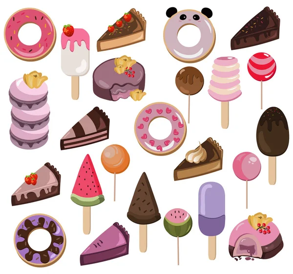 Set van heerlijke zoetigheden en desserts met vruchten. Zomer zoetwaren bakkerij behandelt vectorillustratie — Stockvector