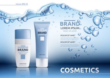 Aqua Moisturizing kozmetik reklamları şablonu. Nemlendirici yüz veya vücut losyonu. Mockup 3d gerçekçi illüstrasyon. Köpüklü su üzerinde mavi arka plan damla