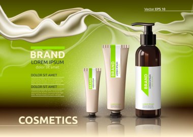 Vücut bakımı kozmetik serum ve krem reklamları şablonu ayarlayın. Nemlendirici yüz veya vücut losyonlar. Mockup 3d gerçekçi illüstrasyon. Parlak yeşil arka plan