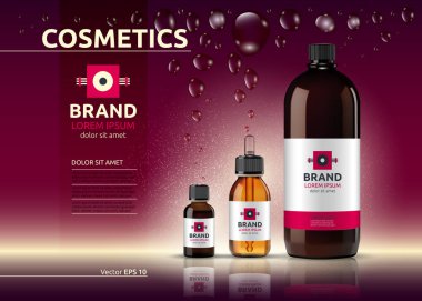 Vücut bakımı kozmetik serum, petrol ve krem reklamları şablonu ayarlayın. Nemlendirici yüz veya vücut losyonlar. Mockup 3d gerçekçi illüstrasyon. Parlak arka plan