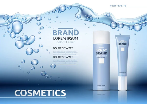 Aqua Moisturizing kozmetik reklamları şablonu. Nemlendirici yüz veya vücut losyonu. Mockup 3d gerçekçi illüstrasyon. Köpüklü su üzerinde mavi arka plan damla