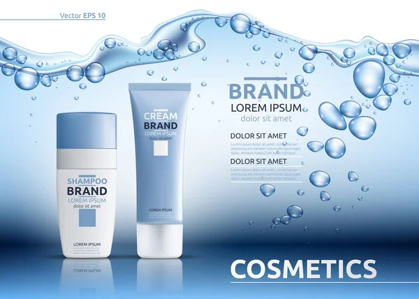Aqua Moisturizing kozmetik reklamları şablonu. Nemlendirici yüz veya vücut losyonu. Mockup 3d gerçekçi illüstrasyon. Köpüklü su üzerinde mavi arka plan damla