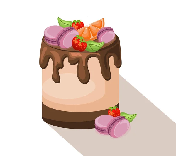 Delicioso postre de pastel Chocolate y fresa y macarrones. Dulces de pastelería de verano Vector ilustración — Archivo Imágenes Vectoriales