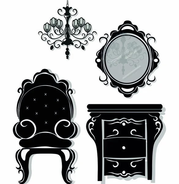 Vintage schwarze Möbel Set Vektor. reiche geschnitzte Ornamente Möbelsammlung. Vektor-viktorianischer Stil — Stockvektor
