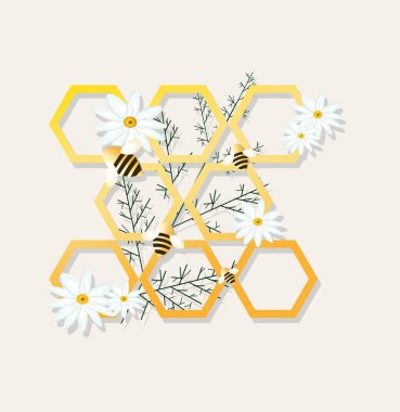 Arılar ve peteğin papatya vektör çizim