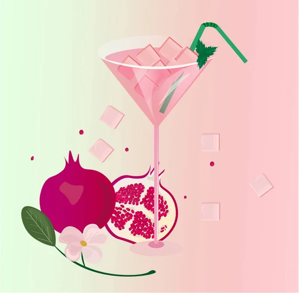 ザクロ新鮮なカクテル グラス。夏の飲み物ベクトル図 — ストックベクタ