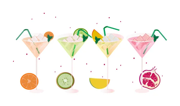 Sruits fresco conjunto de copos de cocktail. Bebidas de verão Ilustração vetorial — Vetor de Stock