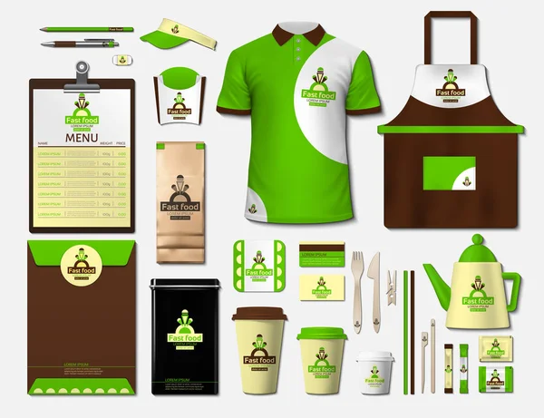 Zakelijke fastfood huisstijl items instellen. Vector fastfood kleur promotionele uniform, schort, menu, tijdschema, koffie kopjes design met logo's. Werken van de realistische verzameling spullen briefpapier — Stockvector