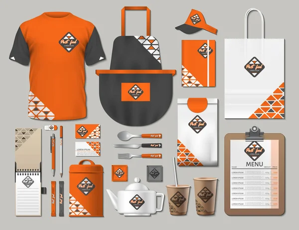 Business fastfood corporate identity items set. Vector fastfood orange Color promotional uniform, apron, menu, timetable, coffee cups design with logos. Work Stuff Stationery 3d realistic collection — Stock Vector