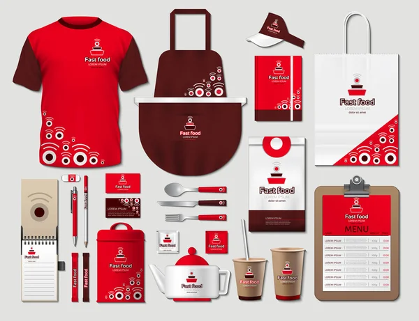 Σύνολο στοιχείων επιχειρηματικής fastfood εταιρική ταυτότητα. Vector fastfood κόκκινο χρώμα διαφημιστικό στολή, ποδιά, μενού, χρονοδιάγραμμα σχεδιασμού φλιτζάνια καφέ με τα λογότυπα. Εργασία πράγματα χαρτικά 3d ρεαλιστική συλλογή — Διανυσματικό Αρχείο