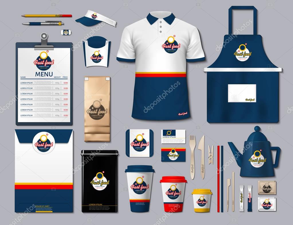 Business fastfood corporate identity items set. Vector fastfood Color promotional uniform, apron, menu, timetable, coffee cups design with logos. Work Stuff Stationery realistic collection