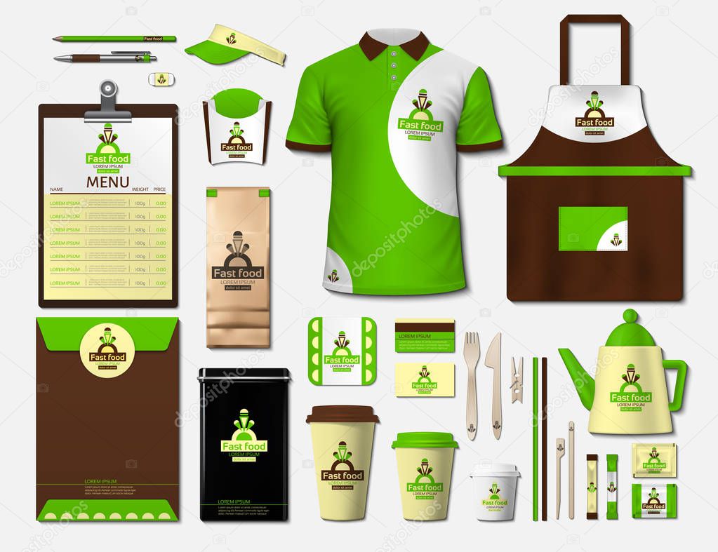 Business fastfood corporate identity items set. Vector fastfood Color promotional uniform, apron, menu, timetable, coffee cups design with logos. Work Stuff Stationery realistic set collection