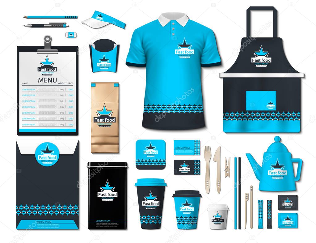 Business fastfood corporate identity items set. Vector fastfood Color promotional uniform, apron, menu, timetable, coffee cups design with logos. Work Stuff Stationery realistic collection