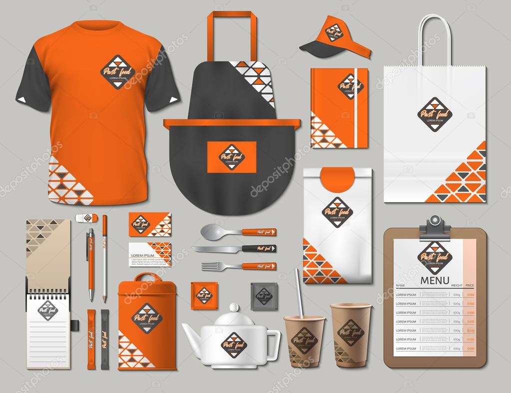Business fastfood corporate identity items set. Vector fastfood orange Color promotional uniform, apron, menu, timetable, coffee cups design with logos. Work Stuff Stationery 3d realistic collection