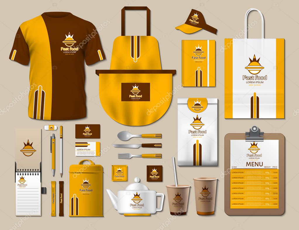 Business fastfood corporate identity items set. Vector fastfood Color promotional uniform, apron, menu, timetable, coffee cups design with logos. Work Stuff Stationery 3d realistic collection