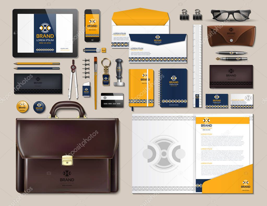 Business corporate identity items set. Vector working articles portofolio, glasses, phone, tablet, maps with brand logos. Work Stuff Stationery 3d realistic collection set