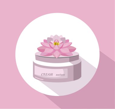 Kozmetik nilüfer çiçek krema paketi simgeler vektör. Nemlendirme losyonu. Reklam, el ilanı, afiş, poster için mükemmel. 2D çizim