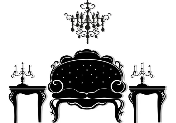 Vintage schwarze Möbel Set Vektor. reiche geschnitzte Ornamente Möbelsammlung. Vektor-viktorianischer Stil — Stockvektor