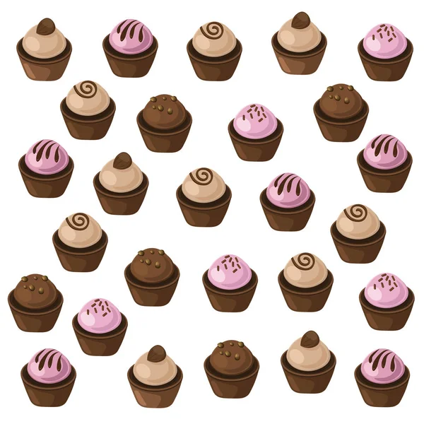 Ízletes cupcakes meghatározott mintát. Édes desszert csokoládé levendula ízek vektoros illusztráció — Stock Vector