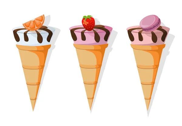 Cones Icecream definir delicioso ícone de estilo plano. Vetor doce ilustração — Vetor de Stock