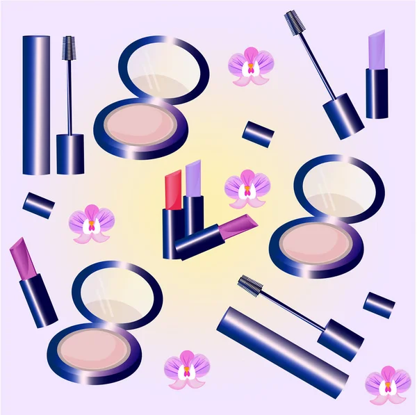 Vector Cosmetics set pattern. Floral Perfume collection, mascara, blush, lipstick, lip balm. Perfect for advertising, flyer, banner, poster. 2d illustration — Stock Vector