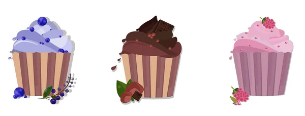 Pasteles postres Diseño vectorial. Deliciosos cupcakes. Baya dulce, chocolate, sabores de lavanda Vector ilustración — Vector de stock