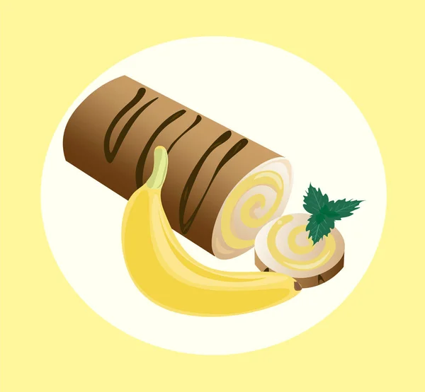 Roll banán gyümölcsök tejszín, süteményeket vektor. Édesség, desszert berry fagyosan finom csokoládé olvad — Stock Vector