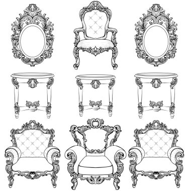 Zengin imparatorluk Barok Rokoko mobilya ve çerçeveleri ayarlayın. Fransız lüks süsler oyma. Çerçeveler vektör Victorian stilde dekore