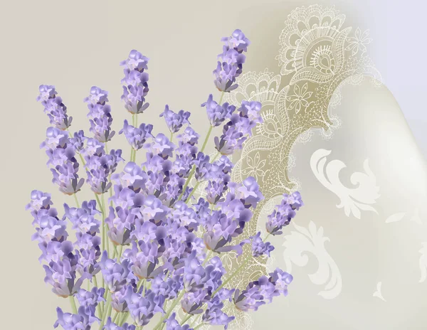 Lavendel zarte Spitze Karte. Frühling Sommer frische natürliche Hochzeitskarte. Vektorillustration — Stockvektor