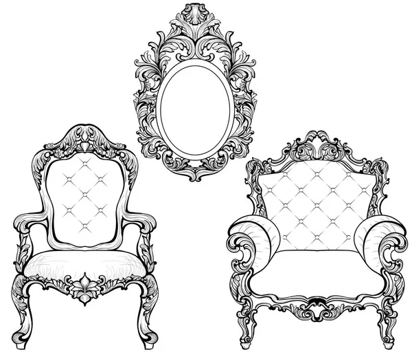 Rico conjunto de muebles y marcos rococó barroco imperial. Adornos tallados de lujo francés. Vector victoriano exquisito estilo decorado marcos — Vector de stock