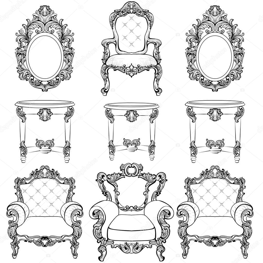 Rich Imperial Baroque Rococo furniture and frames set. French Luxury carved ornaments. Vector Victorian exquisite Style decorated frames