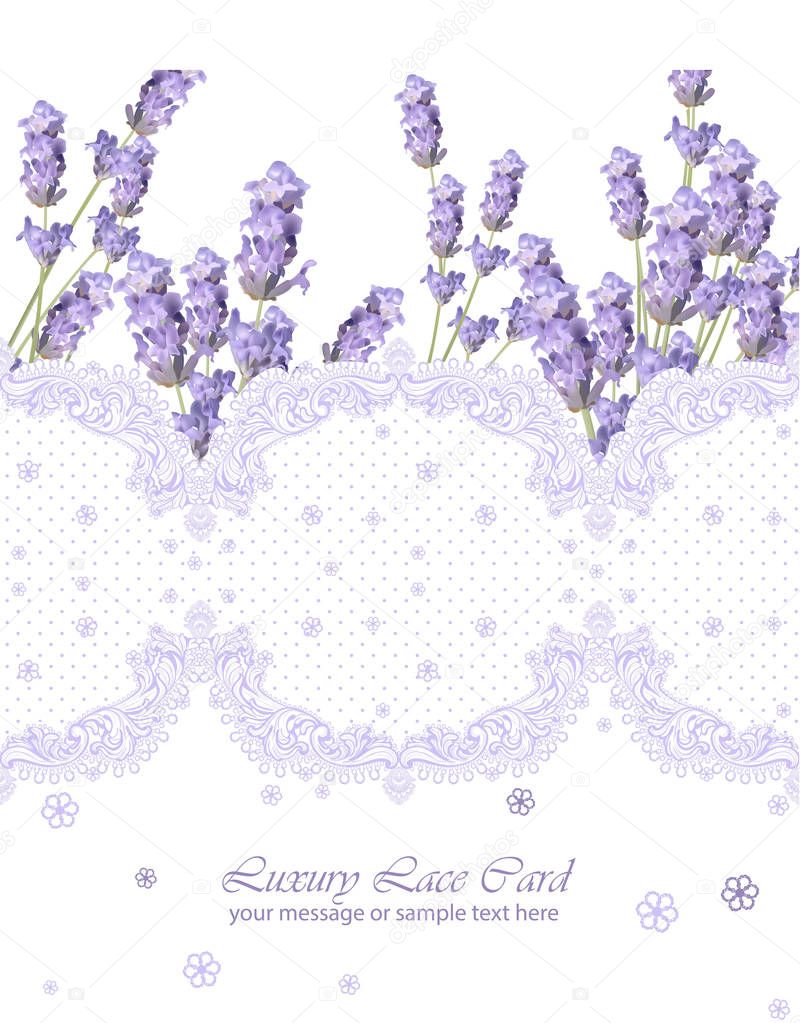 Lavender delicate lace card. Springtime Summer fresh natural wedding card. Vector illustration vertical design