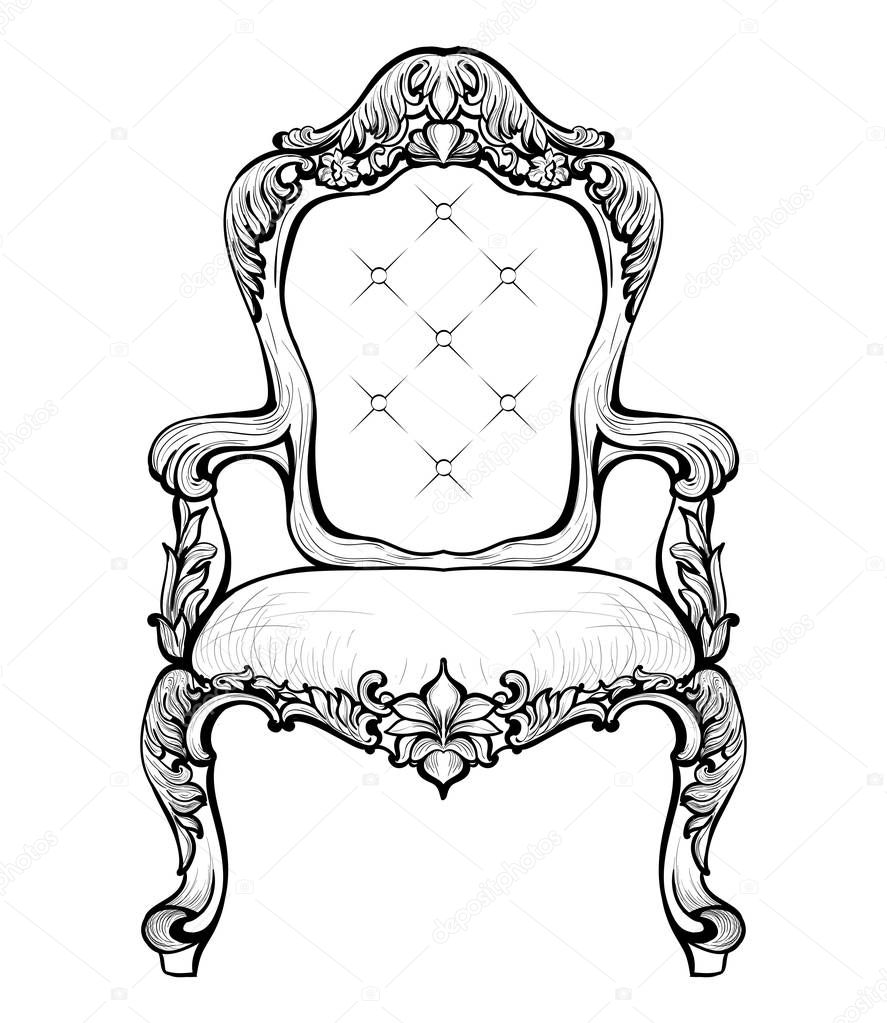 Classic Imperial Baroque armchair with luxurious ornaments. Vector French Luxury rich intricate structure. Victorian Royal Style decor