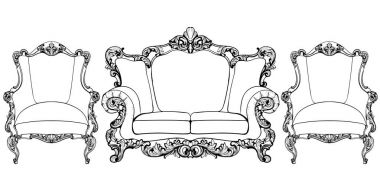 Klasik imparatorluk Barok koltuk lüks süsler ile ayarla. Fransız lüks zengin karmaşık yapısı vektör. Royal Victoria tarzı dekor