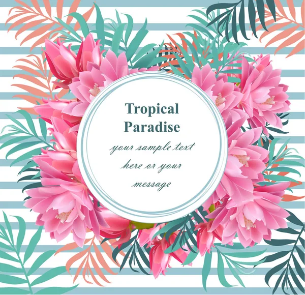热带矢量花卉圆卡。Summerl 模板设计与棕榈叶和异国情调的花 — 图库矢量图片