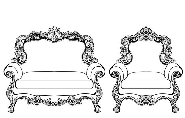 经典的帝国巴洛克扶手椅设置了豪华的装饰品。矢量法国奢侈品丰富复杂的结构。维多利亚皇家风格的装饰 — 图库矢量图片