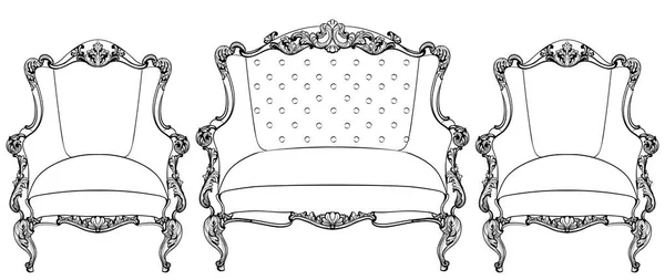 经典的帝国巴洛克扶手椅设置了豪华的装饰品。矢量法国奢侈品丰富复杂的结构。维多利亚皇家风格的装饰 — 图库矢量图片