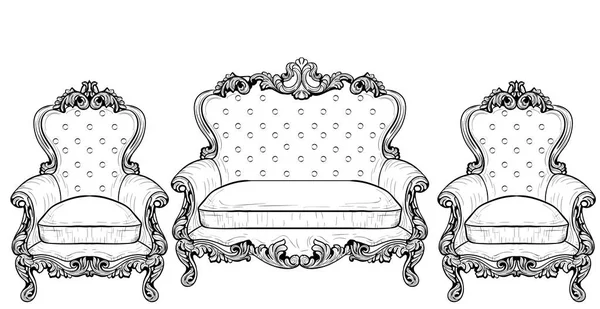 Classic Imperial Baroque armchair set with luxurious ornaments. Vector French Luxury rich intricate structure. Victorian Royal Style decor — Stock Vector