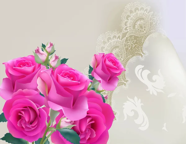 Розовые розы кружевной карты Вектор. деликатная летняя карта. Весенний свежий натуральный состав — стоковый вектор