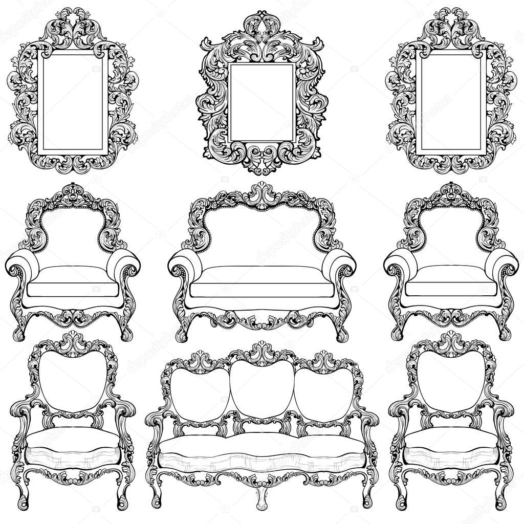 Baroque furniture with luxurious ornaments set. Vector French Luxury rich intricate structure. Victorian Royal Style decor