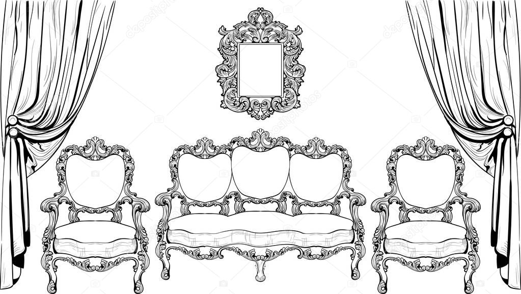 Baroque furniture with luxurious ornaments set. Vector French Luxury rich intricate structure. Victorian Royal Style decor