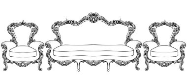 Klasik imparatorluk Barok koltuk lüks süsler ile ayarla. Fransız lüks zengin karmaşık yapısı vektör. Royal Victoria tarzı dekor