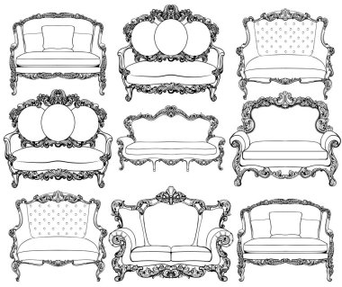 Vintage Barok lüks stil koltuk mobilya koleksiyonu ayarla. Fransız lüks zengin süsler dekorasyon oyulmuş. Vektör Victoria zarif stil mobilya