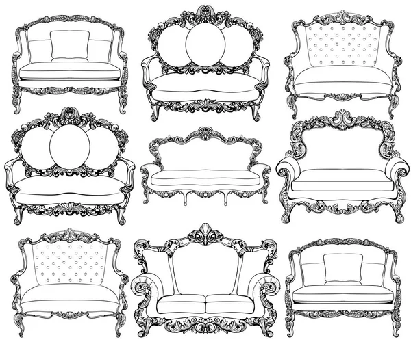 Vintage estilo barroco poltronas mobiliário conjunto coleção de luxo. Decoração de ornamentos esculpidos ricos em luxo francês. Vetor vitoriano mobiliário estilo requintado —  Vetores de Stock