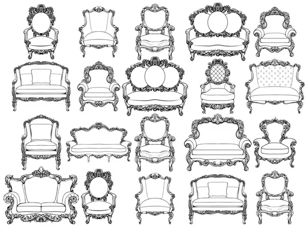 Colección de muebles de sillones de estilo barroco vintage de lujo. Decoración de adornos tallados ricos en lujo francés. Vector victoriano exquisito estilo muebles — Vector de stock