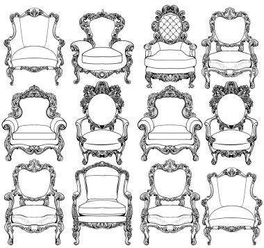 Vintage Barok lüks stil koltuk mobilya koleksiyonu ayarla. Fransız lüks zengin süsler dekorasyon oyulmuş. Vektör Victoria zarif stil mobilya