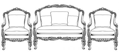 Klasik imparatorluk Barok koltuk lüks süsler ile ayarla. Fransız lüks zengin karmaşık yapısı vektör. Royal Victoria tarzı dekor