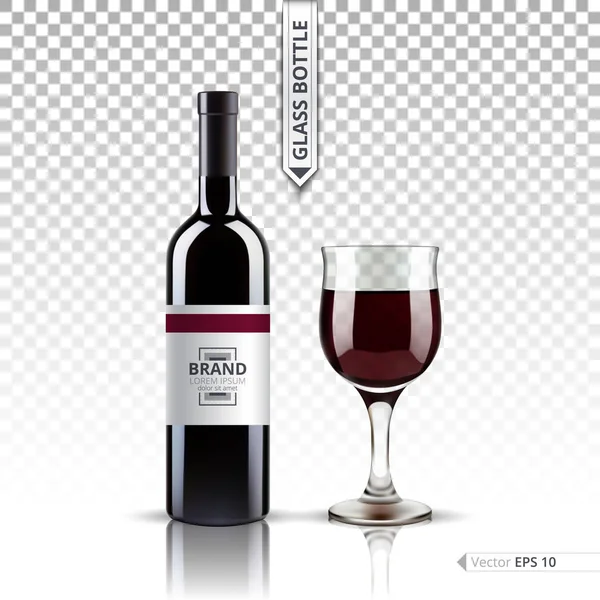 Copa realista de vino tinto y botella aislada sobre fondo transparente. Vector 3d ilustración de conjunto de maqueta detallada — Vector de stock